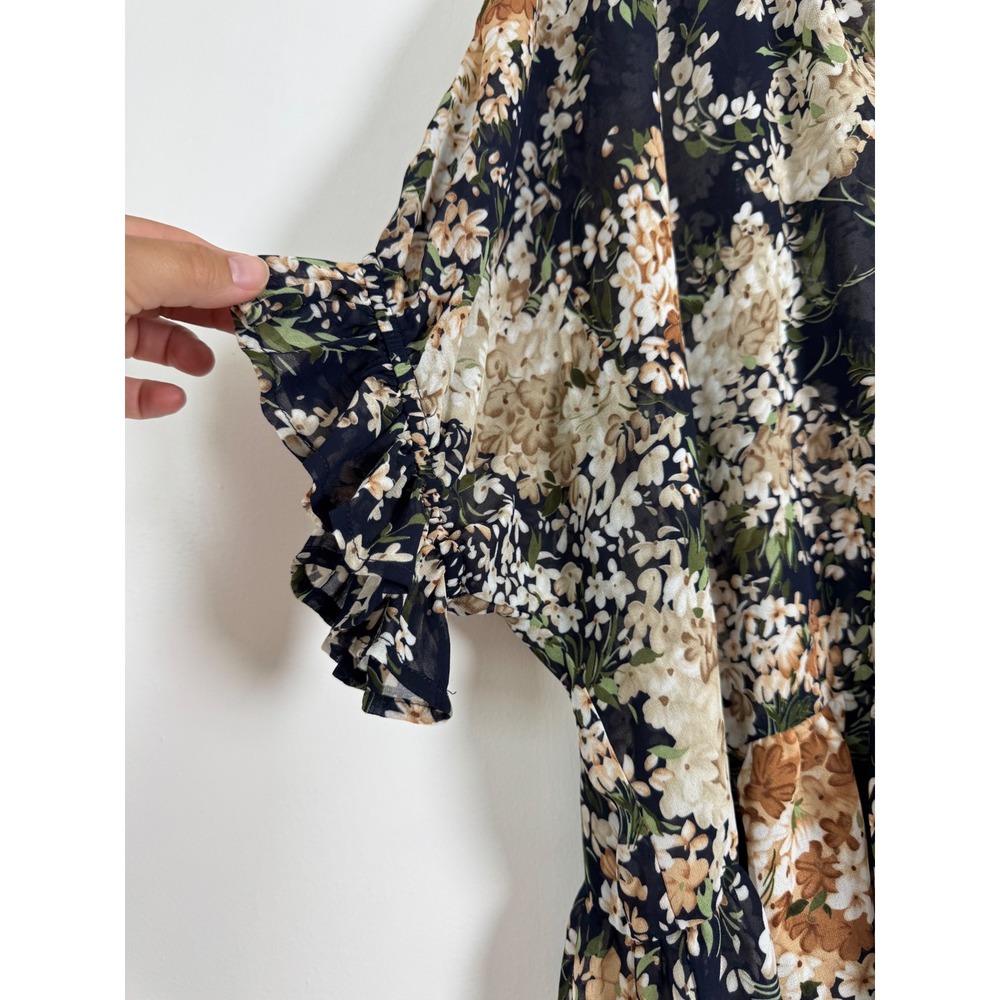 Boho Umgee Womens L Blouse Navy Floral Ruffle Peplum Tassel Chiffon C2536 - Picture 4 of 9